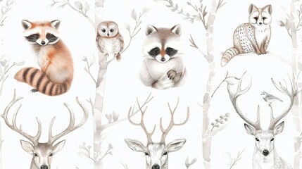 Fototapeta premium Cartoon animals including a raccoon, owl, fox, and deer illustrated against a light background with trees and foliage