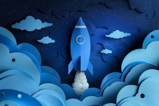 A blue paper rocket is flying through the sky. The sky is filled with clouds and stars. Scene is one of wonder and excitement, as the rocket soars through the vast expanse of space