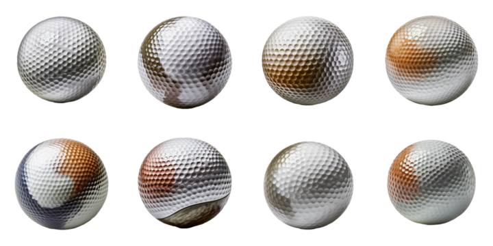 Eight Golf Balls with Different Colors and Patterns
