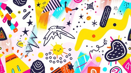 Colorful abstract design featuring playful shapes and patterns with vibrant elements and a joyful aesthetic