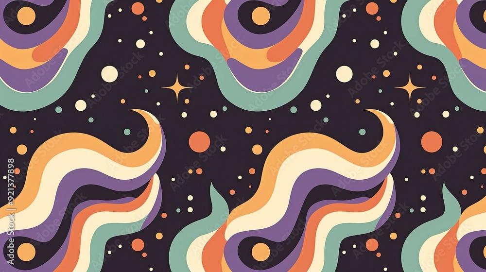 Poster colorful abstract pattern featuring waves and circles on a dark background