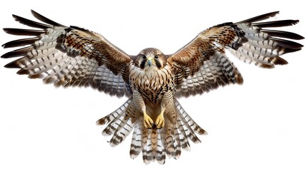 A hawk soaring with outstretched wings against a plain background