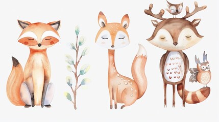 Fototapeta premium Cute woodland animals with a fox, deer, and raccoon set against a soft background