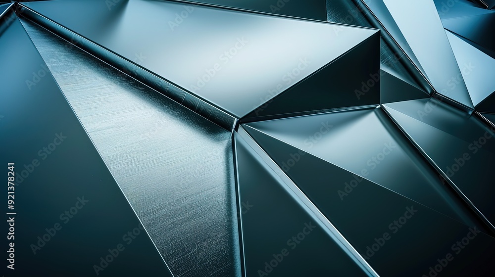 Poster abstract metallic surface with geometric shapes reflecting light in a modern architectural setting