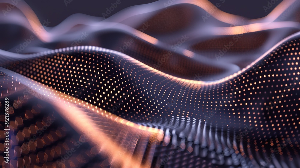Poster abstract wave patterns in vibrant colors with glowing dots against a dark background showcasing digi