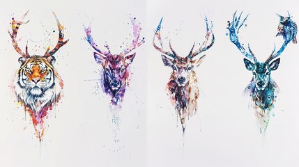 Colorful watercolor illustrations of a tiger and various deer with splashes of paint in a vibrant artistic style