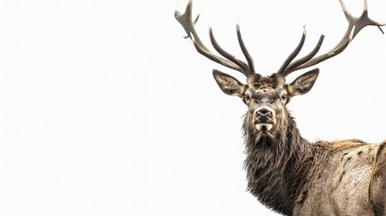 Majestic stag with impressive antlers against a white background