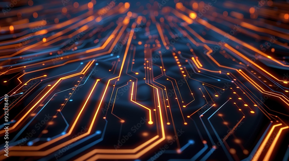 Poster abstract close-up of illuminated circuit patterns with blue and orange lines on a dark background
