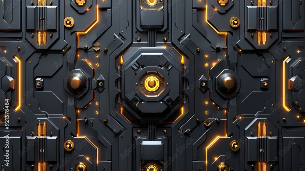 Poster futuristic panel with intricate circuitry and glowing elements in a high-tech environment