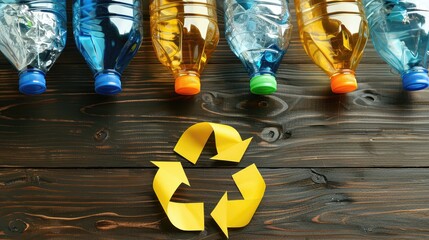A row of plastic bottles are lined up on a wooden surface with a yellow paper re