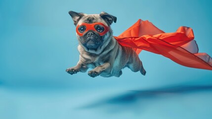 A dog wearing a red cape and a red mask is flying through the air