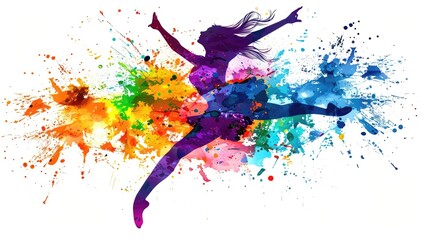 A woman is dancing in a colorful splash of paint