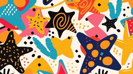 Colorful abstract stars pattern on a white background showcasing various shapes and designs in vibrant colors