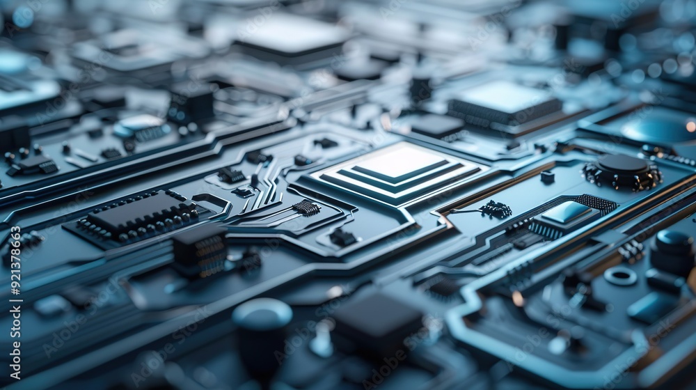 Poster close-up view of a complex circuit board with intricate patterns and components illuminated in blue 