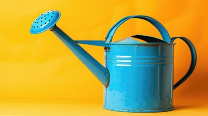 A blue watering can sits on a yellow background