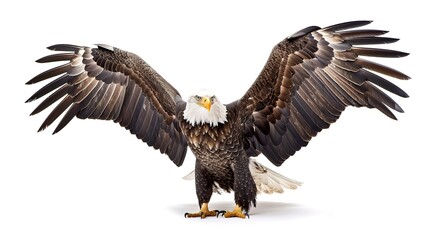 Fototapeta premium A majestic bald eagle spreads its wings in a striking display, showcasing its feathers and fierce demeanor in a natural setting