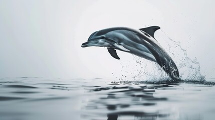 Fototapeta premium Dolphin jumping over calm ocean water during sunset near a coastal area