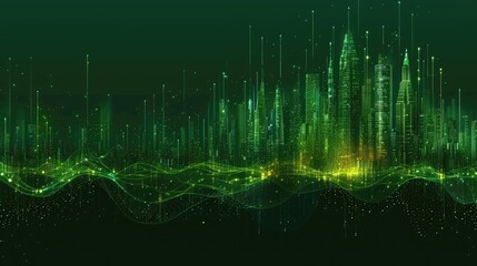 A cityscape with a green background and a lot of lights