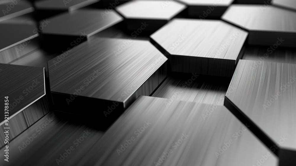 Aufkleber black hexagonal tiles arranged on a wooden surface in an abstract design during soft lighting
