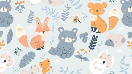 Cute woodland animal pattern on light blue background featuring foxes, bears, and other creatures among leaves and flowers