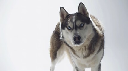 A Siberian husky stands alert in a bright, minimalistic setting with soft lighting