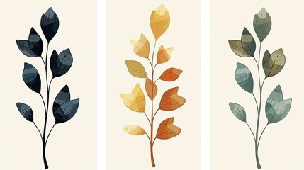 Three different colored leaves are shown in a row