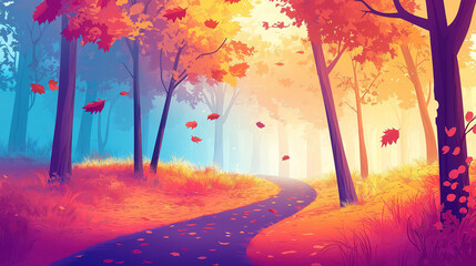 A Stunning Anime Depiction of a Vibrant Autumn Forest with a Meandering Trail Surrounded by Brilliantly Colored Falling Leaves, Dreamy Illumination