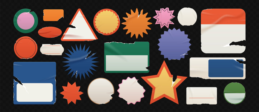 Wrinkled and distressed blank vintage old labels, stickers, starburst or sunburst badges, price tags.Retro collage various clipping promotional elements with a paper edge ripped in a grunge style.	