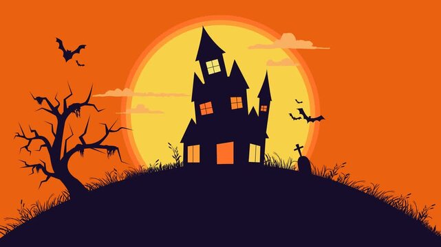 animated spooky halloween theme orange sky with large full moon, big house, bat, gravestone, creepy tree and a copy space area. Suitable to use for Halloween celebration in October.