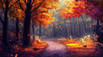 Fototapeta premium An Enchanting Anime Autumn Forest Featuring a Serene Winding Path Amidst a Cascade of Colorful Falling Leaves