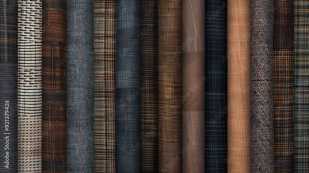 Poster varied textiles display showcasing rich colors and patterns in a fabric shop during daylight hours