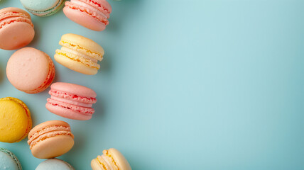 Fototapeta premium A colorful medley of French macarons, showcased on a clean blue background. These sweet treats