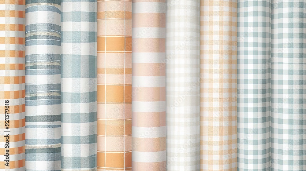 Poster various fabric rolls showcasing a range of checkered and striped patterns in pastel colors arranged 