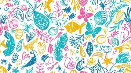 Colorful abstract pattern featuring birds, fish, and flowers on a white background showcasing lively artistry