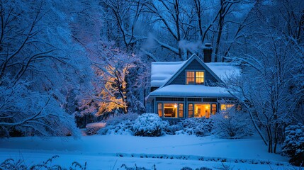 Cozy winter evening at a snow-covered house surrounded by trees and soft light in a tranquil landscape