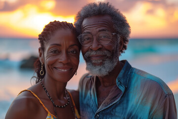 Portrait of a happy senior black African American couple wearing white summer clothes hugging and smiling while standing on the beach during sunset