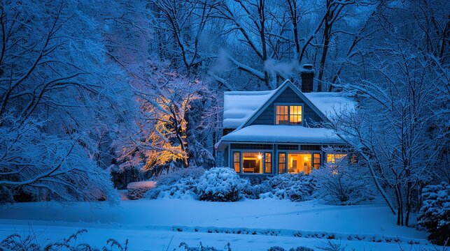 Cozy winter evening at a snow-covered house surrounded by trees and soft light in a tranquil landscape
