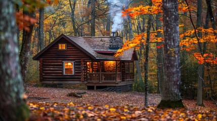 Cozy log cabin in the woods surrounded by vibrant autumn foliage during sunset