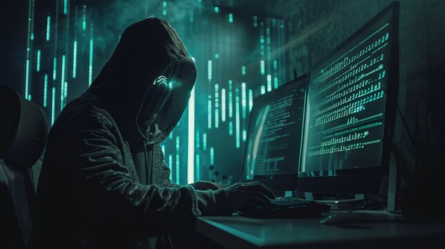 A hooded hacker working on a computer in a dark room filled with glowing digital code, creating an ominous and secretive atmosphere