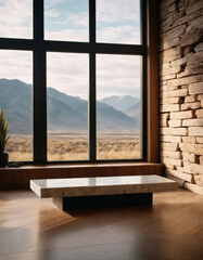 Fototapeta premium Large Marble Table by the Window with Mountain View