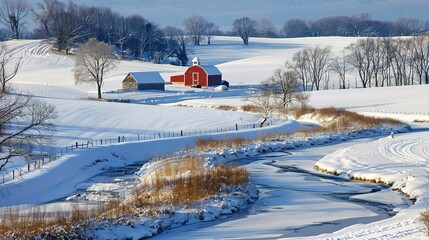A red barn stands alongside a frozen river in a snowy landscape on a clear winter day