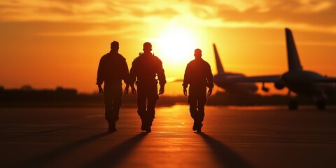 Silhouettes of three men walking towards an airplane at sunset Generated image