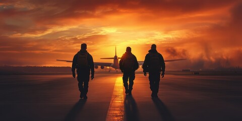 Silhouettes of three men walking towards an airplane at sunset Generated image
