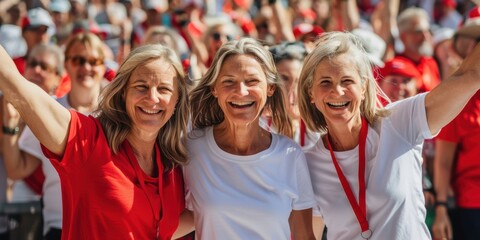 Fototapeta premium 3 middle aged women standing side by side at an outdoor event