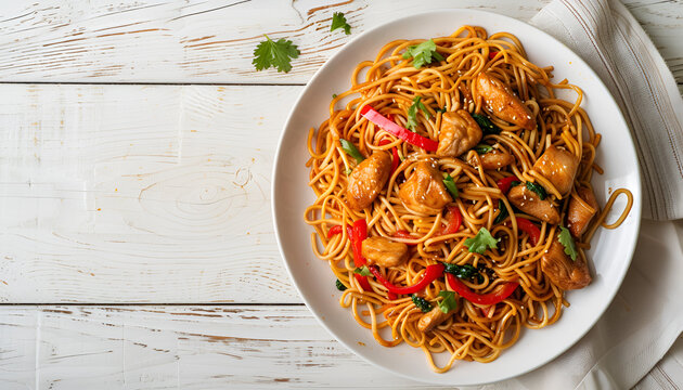 chinese stir-fried noodles with chicken on white plate on light wooden table, space text, top view