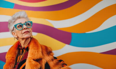 Portrait of an eccentric elderly lady with stylish glasses stading at a colorful wall of art