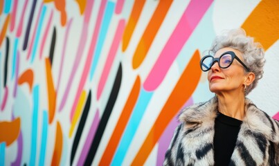 Portrait of an eccentric elderly lady with stylish glasses stading at a colorful wall of art