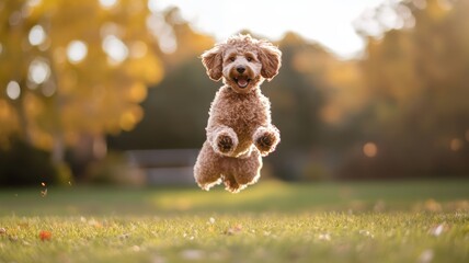 Generated imageA cute labradoodle dog playing and jumping in a park