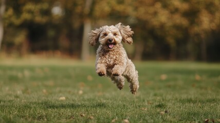 A cute labradoodle dog playing and jumping in a park