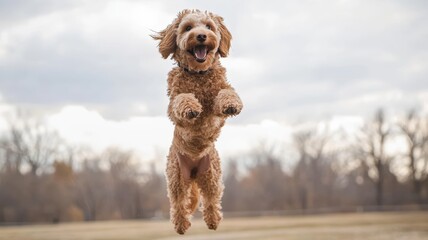 A cute labradoodle dog playing and jumping in a park